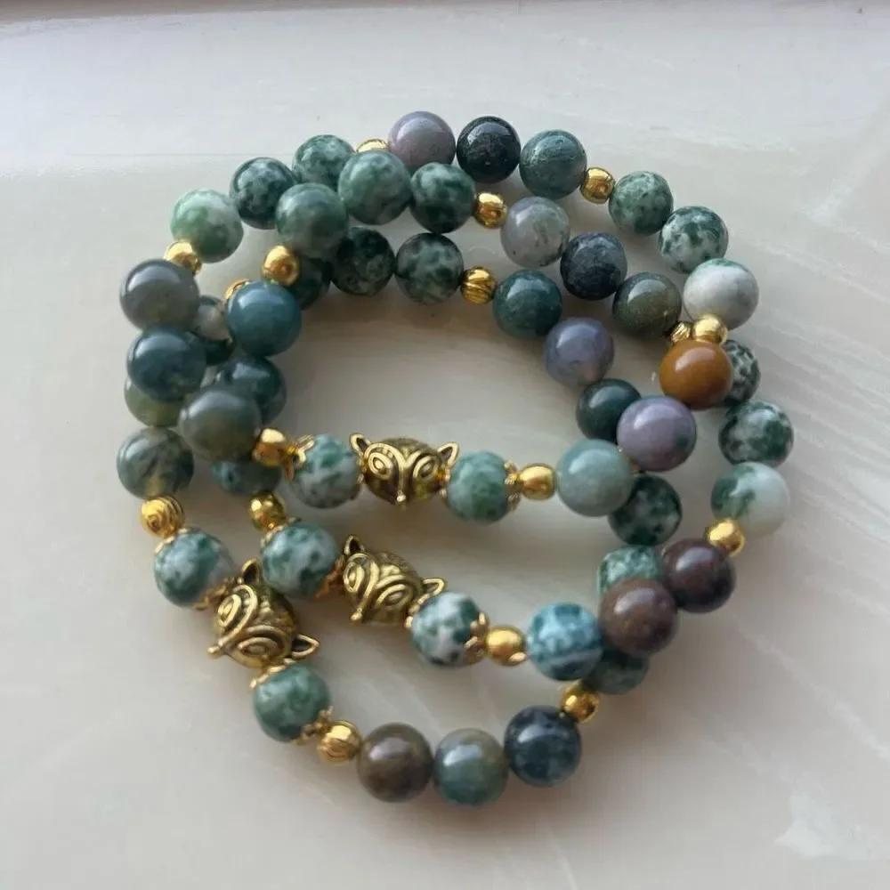 Tree agate dendritic India agate fox head face ONE stretch bracelet NEW reiki me